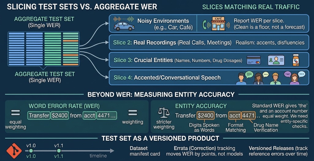 Slicing test sets vs. aggregate WER: an overview of test set slicing matching real traffic, entity accuracy beyond WER, and test sets as versioned products.