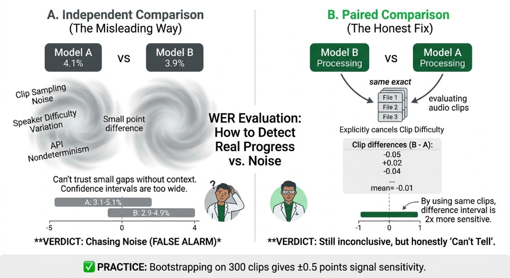 WER Evaluation: Independent comparison (the misleading way) vs. paired comparison (the honest fix). Evaluating on the same clips cancels clip difficulty and makes the difference interval 2x more sensitive.